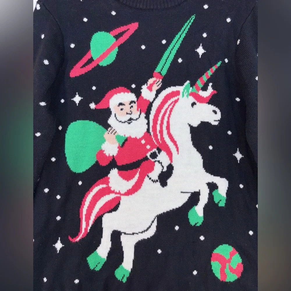 TIPSY‎ ELVES Ugly Christmas Sweater Santa Unicorn Black Long Sleeve Crew Neck XL